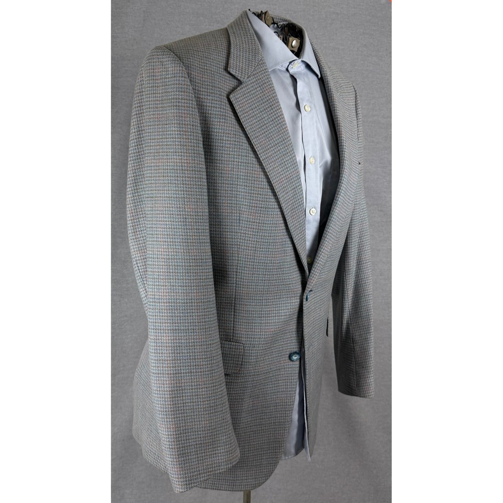 Vintage Bespoke Mens Pure Wool Blazer Blue Grey Check Sport Coat Houndstooth